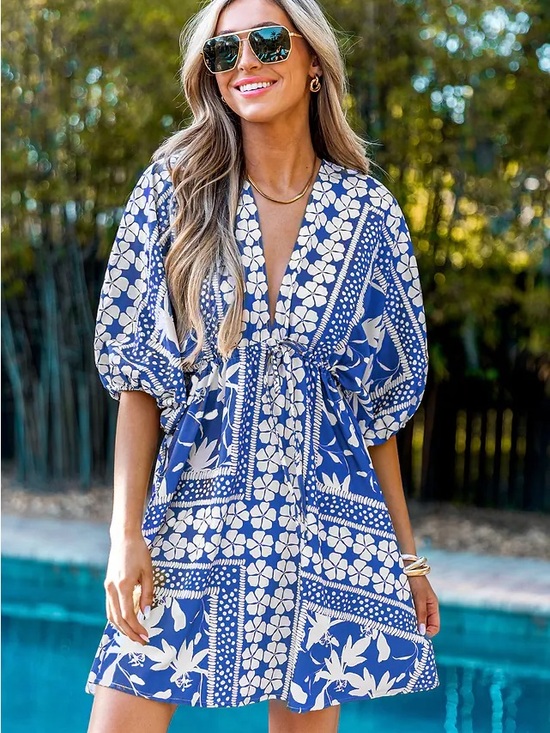 Cupshe Other - Floral Print Dolman Puff Sleeve Cover-Up Dress